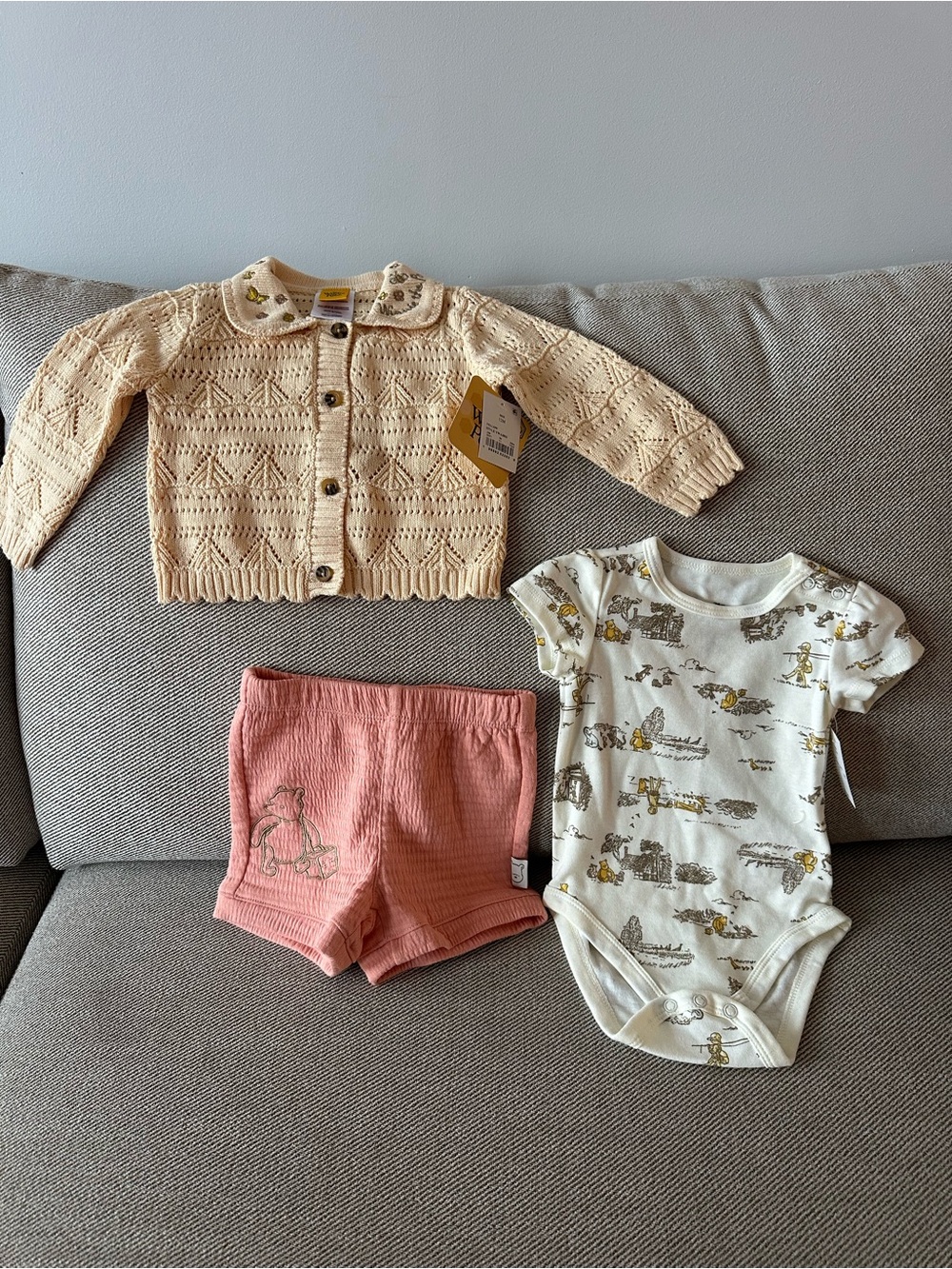 NEW Disney Cream Knit Cardigan with Pink Shorts and Printed Onesie 12mo